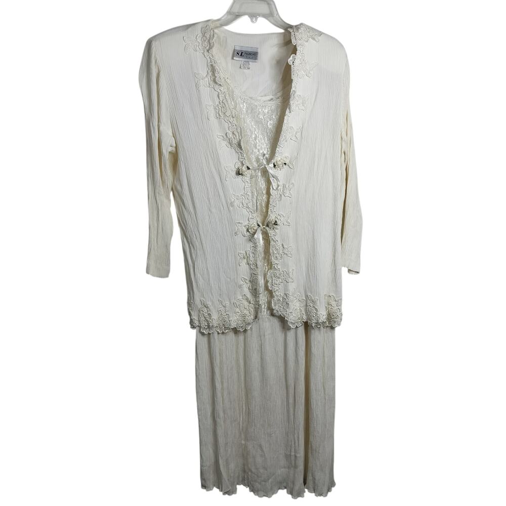4989)Vtg S.L Fashions Ivory Lace 2 pcs cardigan jacket & dress wedding guest 20W